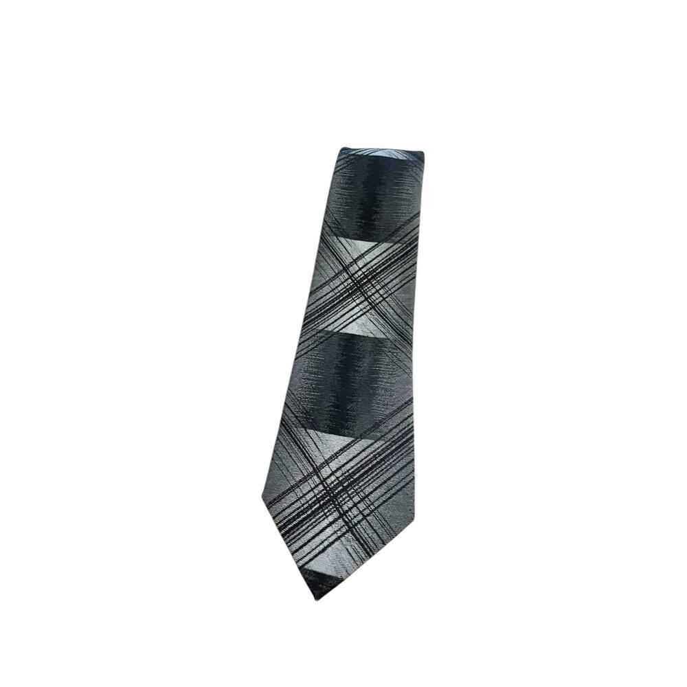 Vtg Classic Mr John Silk Tie Skinny Black Grey Wide Stripe Crosshatch 60s 70s
